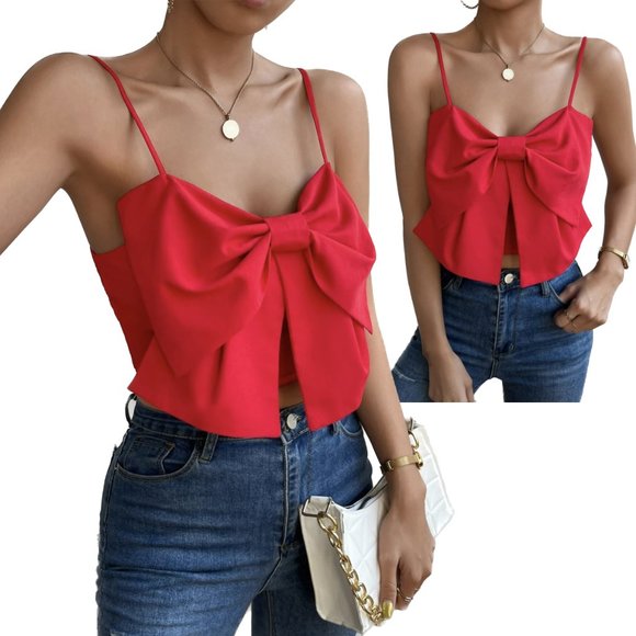Tops - (NWOT) Big Red Bow Statement Smock-Back Crop Top